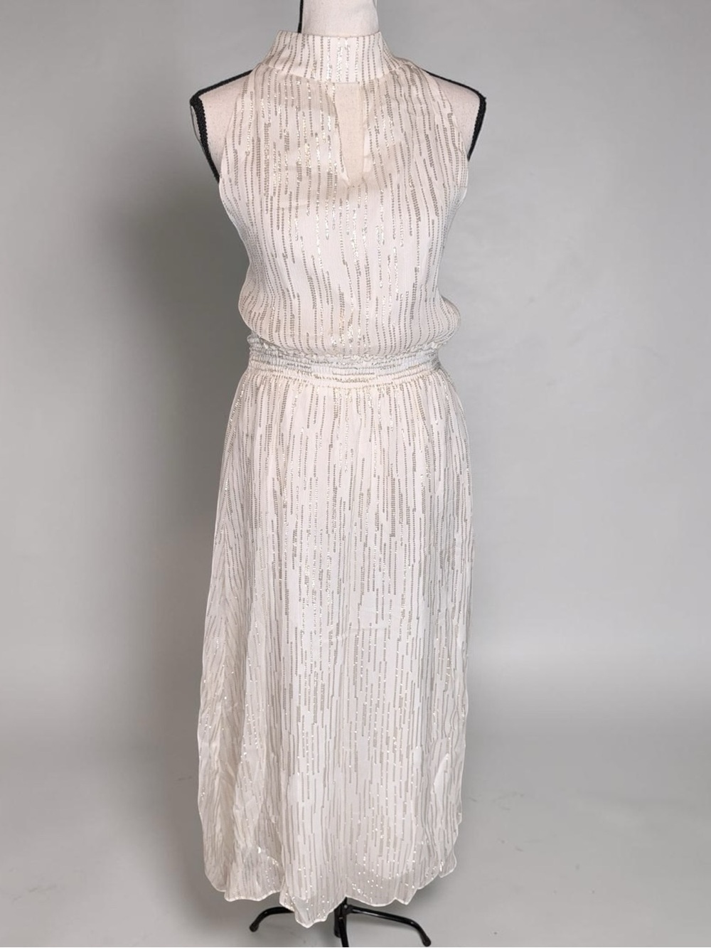 Drew Yuma White Gold Shimmer Maxi Dress M NWT Halter Metallic Evening Formal - Picture 6 of 8